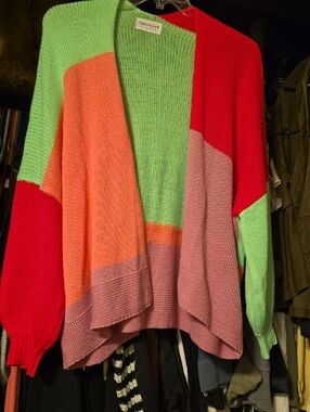 First Love Colorblock Open-Front Cardigan in Green, Red, Peach, Blush